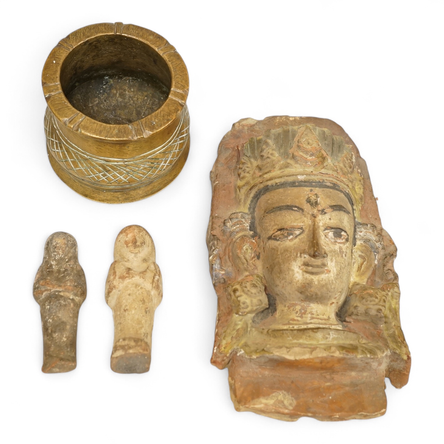 A South-East Asian bronze censer, two Ushabti and an Egyptian painted terracotta mask, 24cm